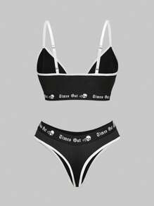 ROMWE Goth Conjunto de lencería tipo bralette y tanga de color oscuro con estampado de jacquard, estilo gótico academia