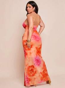 SHEIN BAE Plus Size Women Elegant Long V-Neck Knit Dress, 4th Of July Curve,Wedding Guest Dress Women,Back To School Girls Clothes,Girls Summer Outfits,Fall Clothes,School Clothes,Halloween,Winter,Y2k Clothes ,Vintage,Vacation Outfits Woman,Floral Dress - Orange - View 3