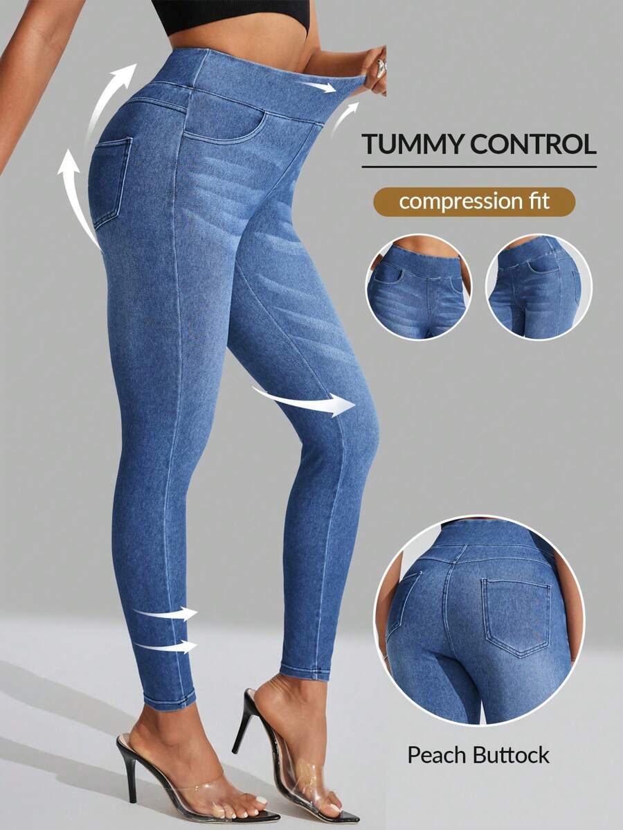 SHEIN Essnce Women's Contrast Color Elastic Waist Skinny Jeans - Blue - View 1