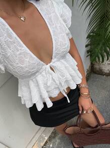 SHEIN EZwear 女士提花设计层叠荷叶边下摆系带泡泡袖上衣，夏季 - 白色 - 查看 6