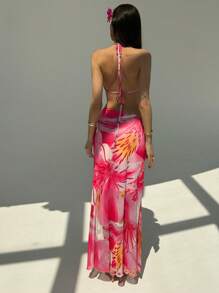 Aloruh Nuevo vestido largo de resort transparente de corte alto con escote profundo en V y espalda descubierta, con diseño de flor hueca y estampado de malla, de alta cintura y ajustado al Body, para vacaciones en la playa y sexys