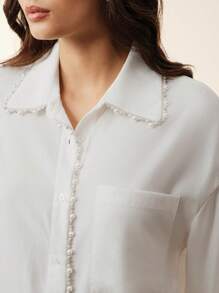Anewsta Women's Oversized Pearl Trim Loose Modern Fashion Blouse - White - View 1
