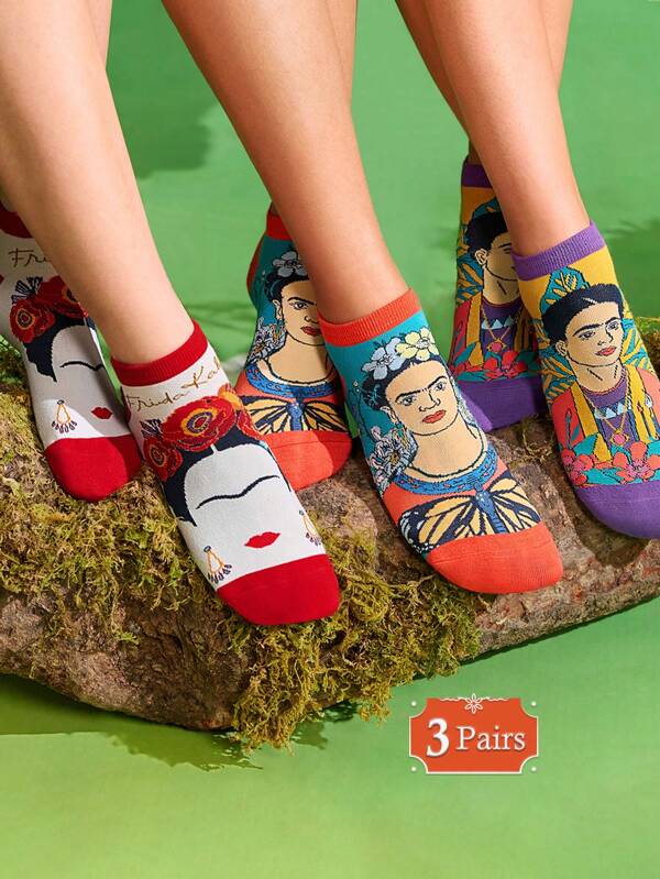 Frida Kahlo X SHEIN 3 Pairs Women Fashionable Elegant Flower Pattern Soft Breathable Sweat-Absorbent Ankle Socks, Reinforced Toe And Heel, Suitable For All Seasons Spring, Summer, Autumn, Winter