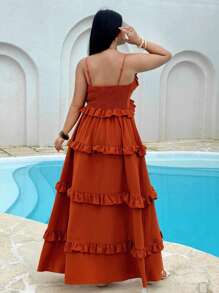 Sunnyshic Vestido informal de verano de talla grande con volantes en los tirantes y color liso - Marrón - Ver 5