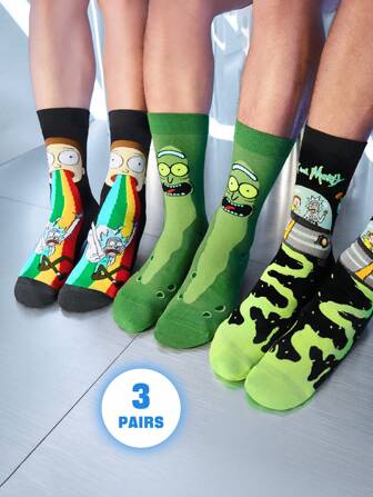 Rick and Morty X SHEIN 3 paires de chaussettes mi-mollet souples et respirantes qui absorbent l'humidité pour hommes. Renforcées au niveau des orteils et du talon pour une meilleure durabilité. Convient pour toutes les saisons. Unisexe noir et vert.