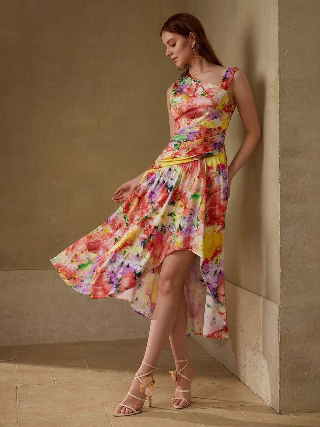 ROBE MI-LONGUE ASYMÉTRIQUE À IMPRIMÉ FLORAL POUR FEMMES