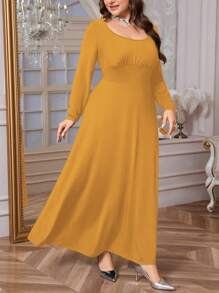 Firerie 大码女式休闲优雅简约时尚通勤日常圆领褶饰系带长袖弹力连衣裙，春秋季，女士正式连衣裙 - 黃色 - 查看 4