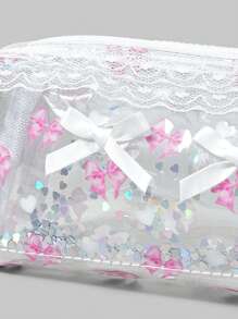 ROMWE Kawaii 透明 PVC 亮片粉色圆点蝴蝶结印花小巧便携化妆品收纳盒铅笔袋 - 彩色 - 查看 3