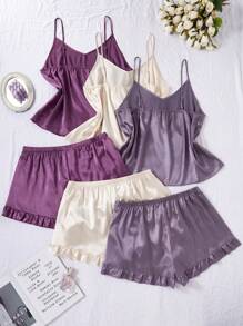 6pcs Sleepwear Set: Solid Color Faux Silk Camisole And Shorts, Plus Size - Multicolor - View 2