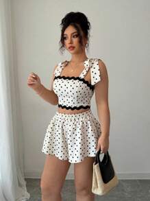INAWLY Ensemble 2 pièces nouvelle collection été, Top court à volants à imprimé pois élégant à nœud papillon, plus pantalon ample à taille élastique pour femmes grande taille