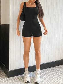 SHEIN EZwear Mono de verano tipo body con cuello de hombros caídos de tono sólido