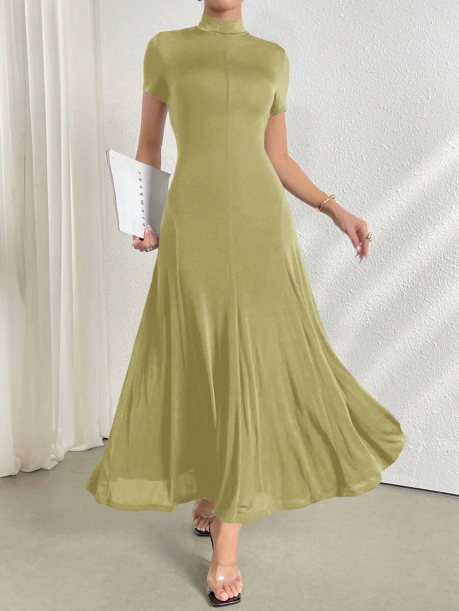 Lacomfia Gaun Wanita Elegan Warna Polos dengan Kerah Tegak, Musim Panas - Hijau - View 1