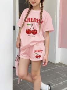 SHEIN Leap Crew 2 件套青少年女孩休闲简约短袖上衣和短裤套装，适合夏季 - 彩色 - 查看 3