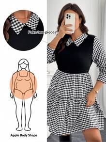 SHEIN Essnce 大码女装秋冬时尚休闲宽松长袖黑白格子拼接假两件式腰身连衣裙，秋季女装，职业装，可爱连衣裙，亲子装，大码服装，教师装，黑色长袖连衣裙，衬衫裙 - 黑與白 - 查看 1