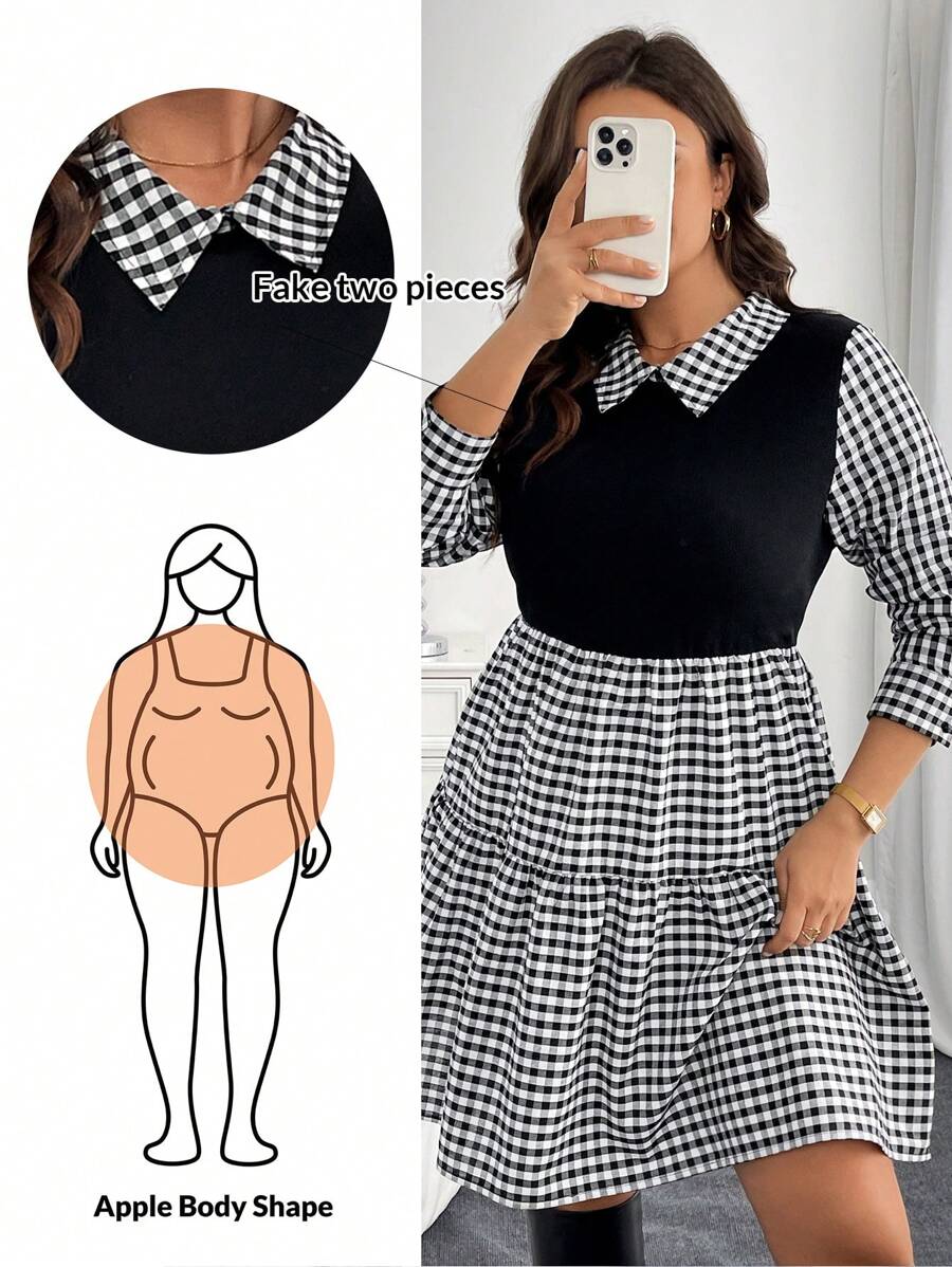 SHEIN Essnce 大码女装秋冬时尚休闲宽松长袖黑白格子拼接假两件式腰身连衣裙,秋季女装,职业装,可爱连衣裙,亲子装,大码服装,教师装,黑色长袖连衣裙,衬衫裙 - 黑與白 - 查看 1