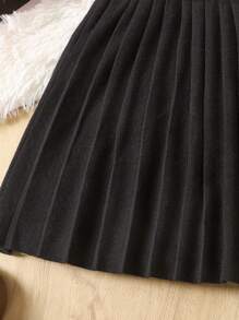 SHEIN 青少年女孩休闲纯色褶皱针织裙，开学季，秋冬 - 黑色 - 查看 7