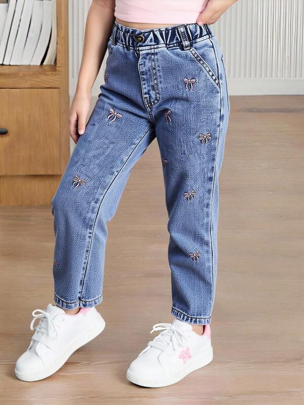 Pantalones vaqueros entallados con cintura elástica, bordado de lazo y lavado floral para niñas pequeñas, estilo de vacaciones casual