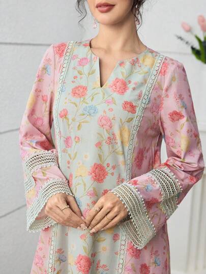 Yasmyna 浪漫花卉蕾丝拼接宽松休闲女式连衣裙