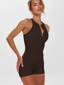 Musera Sport Round Neck Cut Out Back Zip Seamless Unitard Active Workout Gym Fitness Winter - Coffee Brown - View 2