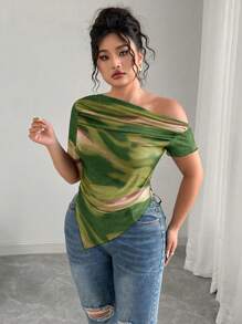 Elenzga 大码女式渐变网纱肩部度假优雅印花上衣 女式夏季服装 女式服装 Y2K 女式夏季衬衫 夏季服装 - 橄欖綠 - 查看 5