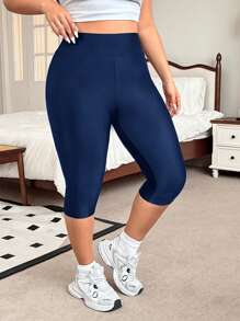 SHEIN EZwear 海军蓝加大码柔软功能性七分紧身裤，夏季必备 - 藏蓝色 - 查看 3