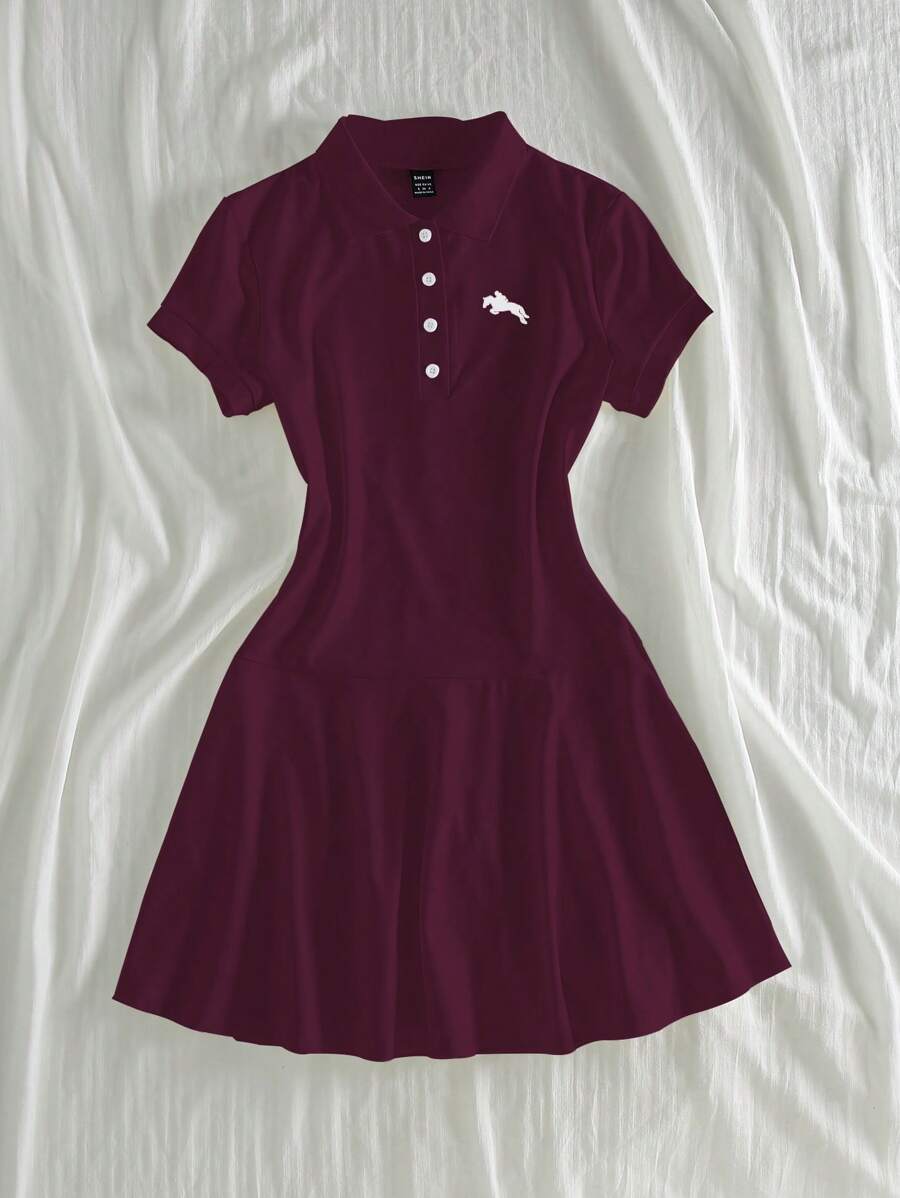 SHEIN Unity 女士红色 Polo 领夏季短袖休闲连衣裙 - 酒紅色 - 查看 1