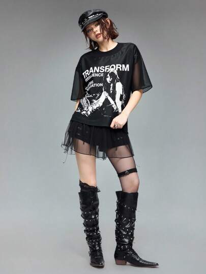 Grunge Punk Set de 2 camisetas de manga corta con cuello redondo para mujer, una con eslogan y retrato, y la otra de color liso