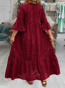 SHEIN LUNE 加大码连衣裙情人节红色连衣裙女士长裙夏季连衣裙夏季波西米亚风复古款 - 酒紅色 - 查看 2