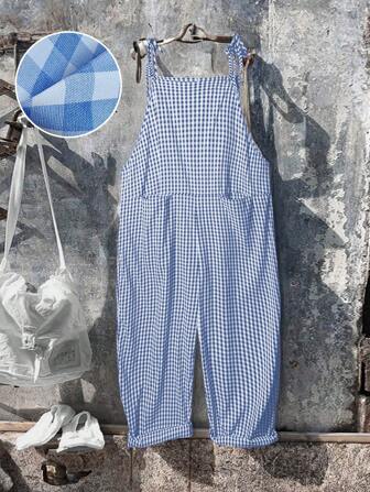 Linhara Plus Size Women's Plaid Knot-Shoulder Casual Loose Jumpsuit