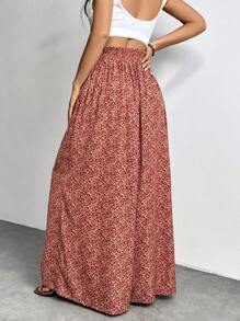 SHEIN PETITE Pantalones de pierna ancha para vacaciones con bolsillos y lazo frontal con estampado floral menudo para mujer