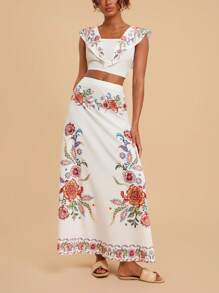 Travachic 2pcs/Set Women Floral Print Square Neck Top And Mini Skirt,Vacation,Vacation Style,Vacation Outfits Woman,Two Pieces Set Women,Beachwear,Spring And Summer,Easter,Holiday Outfits,Beach Outfits For Woman,Spring Break,Vacation Outfits Women,Concert Outfit Women,BOHO,Bohemia,Music Festival