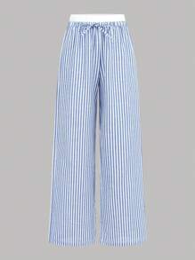 SHEIN Teen Girl Comfortable Simple Loose Contrast Elastic Waist Stripe Printed Wide-Leg Pants Solid White Cami Blue Stripe Cropped Long Sleeve Shirt 3 Pieces Set