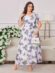 Modelyn Plus Size Women Chiffon Floral Jacquard Ruffle Hem Short Sleeve Elegant Dress - Multicolor - View 3