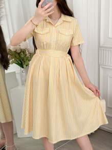 SHEIN Conjunto de 2 piezas para adolescentes: Blusa de rayas amarillas de manga corta y falda midi plisada de cintura alta, look elegante y vintage para uso casual y laboral - Amarillo - Ver 6