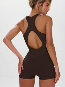 Musera Sport Round Neck Cut Out Back Zip Seamless Unitard Active Workout Gym Fitness Winter - Coffee Brown - View 3