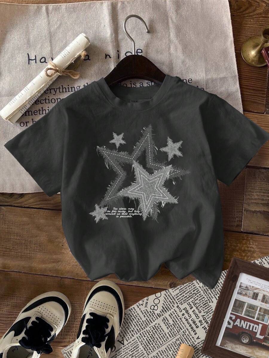 青少年女孩休闲图案短袖T恤，适合夏季 - 深灰色 - 查看 1