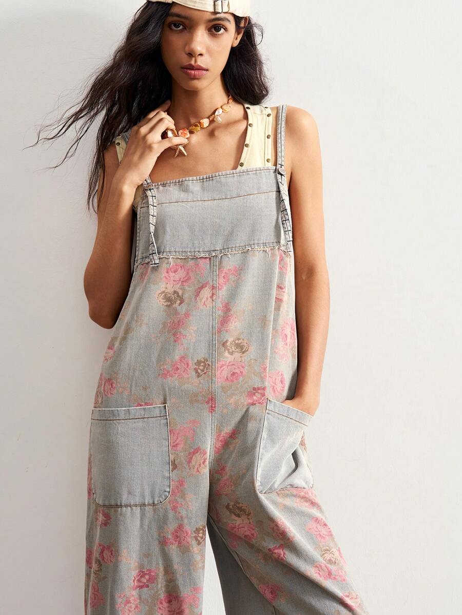 Bohemela 复古乡村风格休闲梭织牛仔布拼布玫瑰印花宽松阔腿女式连体裤 - 藍色 - 查看 1