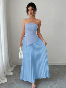 Rafferiza Sexy Open Shoulder Asymmetrical Top & High-Waist Pleated Skirt 2 Pieces Set - Blue - View 5