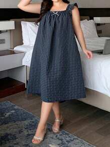 Dazy Plus 加大码宽翻领蝴蝶结装饰格子长款宽松睡袍睡衣 - 藏蓝色 - 查看 1