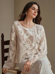 Anewsta Vacation Style Hollow Floral Knit Lightweight Cover Up, Versatile For Summer - Apricot - View 7