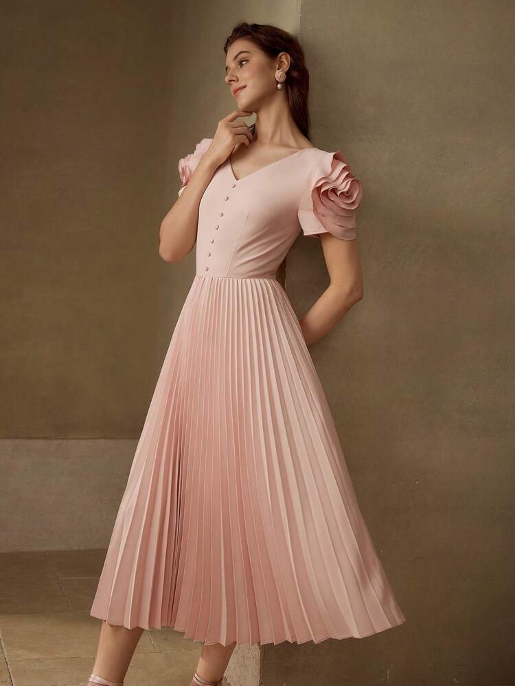 VESTIDO MIDI AJUSTADO COM DECOTE EM V PLISSADO E FLORAL ELEGANTE, ADEQUADO PARA PASSEIOS E OCASIÕES CASUAIS