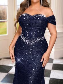 Glamrae Falda de sirena con pliegues, con cuentas de perlas, lentejuelas y elástica, de lujo y elegante, en tallas grandes, adecuada para bodas, fiestas, bailes de gala y vestidos de gala (muy recargada) - Azul Marino - Ver 2