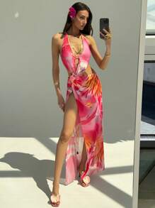 Aloruh Nuevo vestido largo de resort transparente de corte alto con escote profundo en V y espalda descubierta, con diseño de flor hueca y estampado de malla, de alta cintura y ajustado al Body, para vacaciones en la playa y sexys