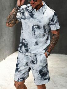 Manfinity LEGND Conjunto de camiseta polo de manga corta casual con estampado floral y pantalones cortos para hombre