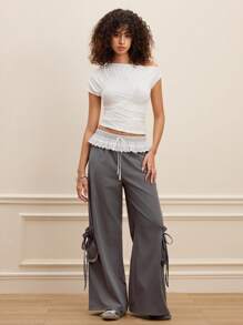 SHEIN MOD Pantalones elegantes con ribete de encaje en contraste gris - Gris - Ver 2