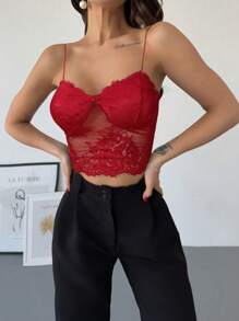 Firerie Top tipo camiseta de lencería transparente de encaje, elegante y sexy, para el Día de San Valentín y la boda, primavera/verano