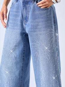 LYSMO Women's Casual Fashion Jeans With Rhinestone Decor Pockets - Blue - View 4