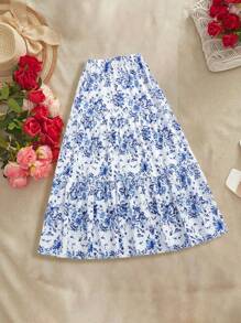 SHEIN VCAY Allover Print Ruffle Hem Casual Skirt, Summer - Light Wash - View 2