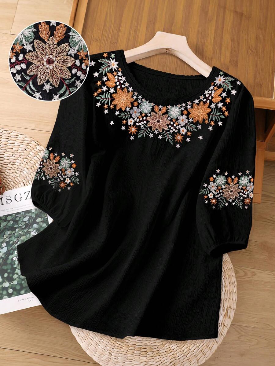 Linhara Blusa versátil de talla grande bordada de forma elaborada para mujeres - Negro - Ver 1