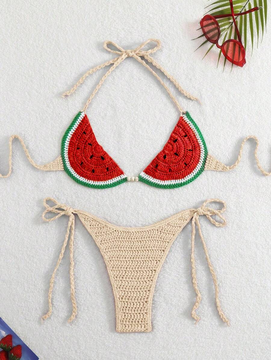 Swim Mod Women's Summer Beach Vacation Watermelon Pattern Crochet Bikini Cover-Up - Apricot - View 1
